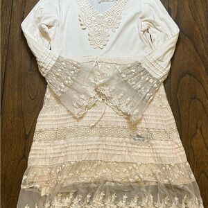 JDJ Romantic Lace Crochet Boho Tunic Top Cream Tiered Sheer Medium